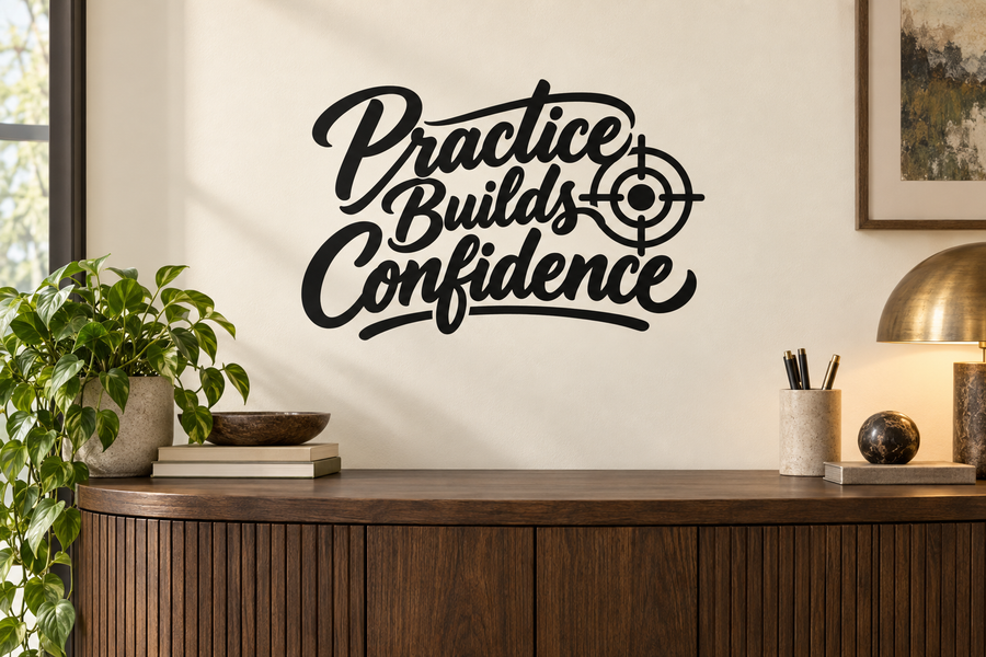 Vinyl wall decal: 'Practice Builds Confidence' with target reticle