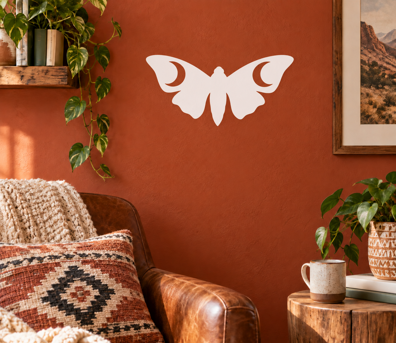 Glow-in-the-dark vinyl moth decal, white silhouette on wall