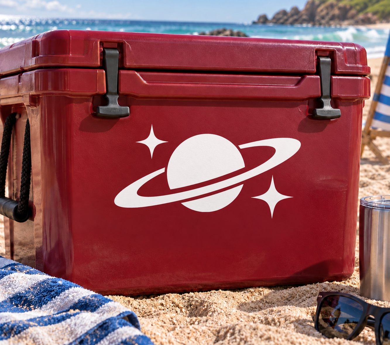 Red vinyl decal with white Saturn and star accents for glow-in-dark signage