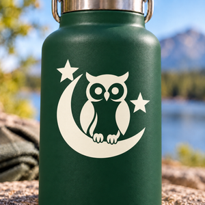 Glow-in-the-dark owl and crescent moon vinyl decal with stars, white