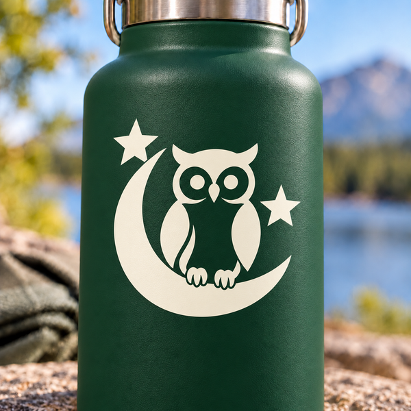 Glow-in-the-dark owl and crescent moon vinyl decal with stars, white
