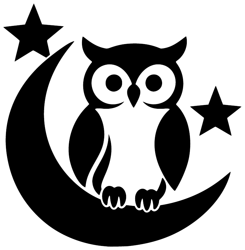 Black and white owl on crescent moon vinyl decal with star accents