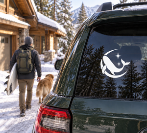 Glow-in-the-dark moon and whale vinyl decal with star accents on car window