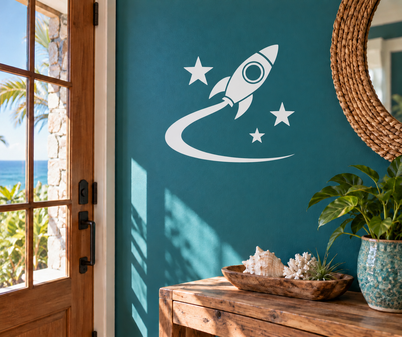 Glow-in-the-dark vinyl decal of rocket on crescent moon with stars