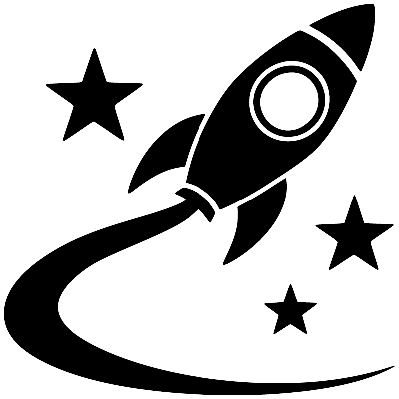 Vinyl rocket decal with crescent moon and stars, bold black outline design