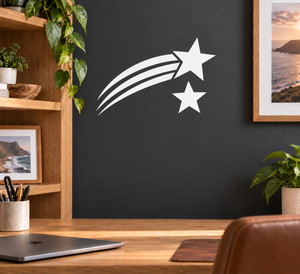 Glow-in-the-dark vinyl decal with arcing lines and two stars, black-and-white
