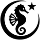 Vinyl seahorse decal in black with star, framed by a circular moon outline.