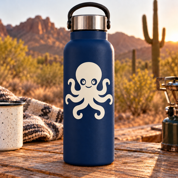 Glow-in-the-dark vinyl octopus decal on dark blue bottle, white cartoon face