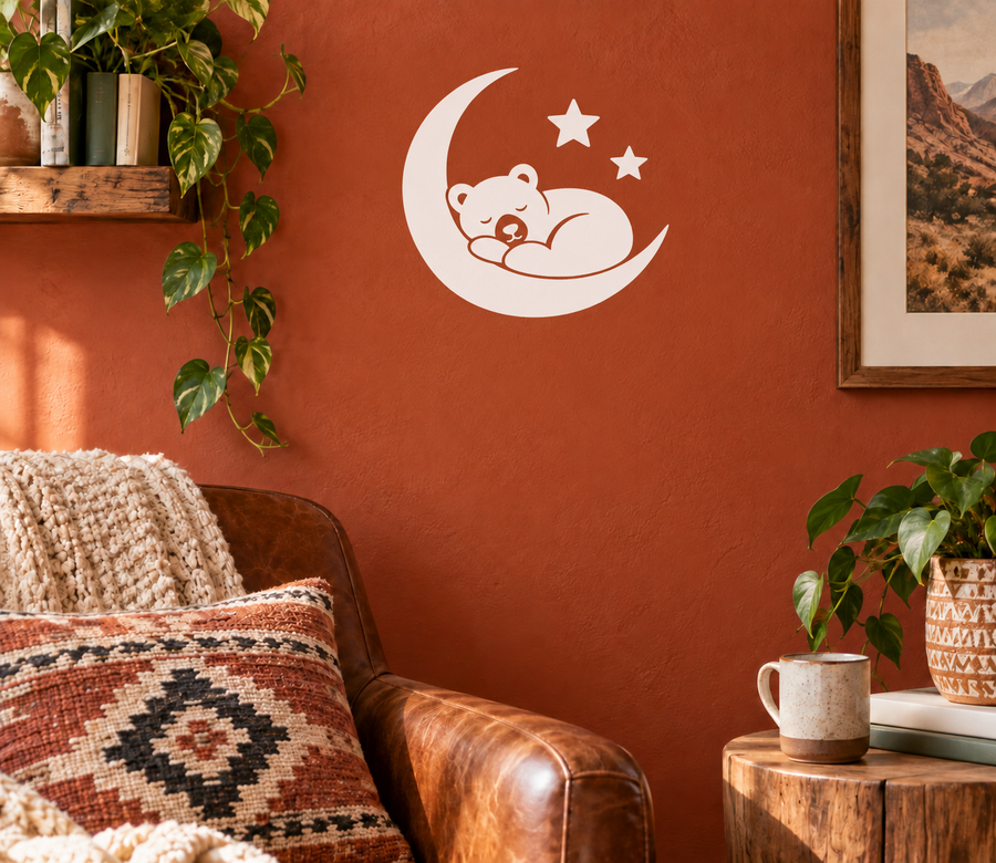 Glow-in-the-dark vinyl bear-on-moon wall decal with stars, white design