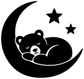 Glow-in-the-dark vinyl bear on crescent moon decal with stars, black silhouette