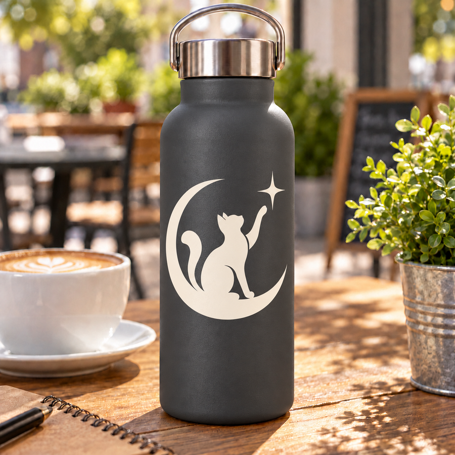 Matte dark water bottle with white night cat reach glow vinyl decal