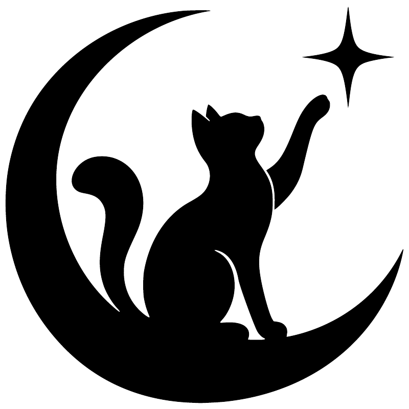 Black vinyl decal of a cat reaching under a crescent moon with sparkle accents