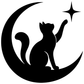 Black vinyl decal of a cat reaching under a crescent moon with sparkle accents