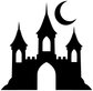 Glow-in-the-dark vinyl decal of black castle silhouettes with crescent moon