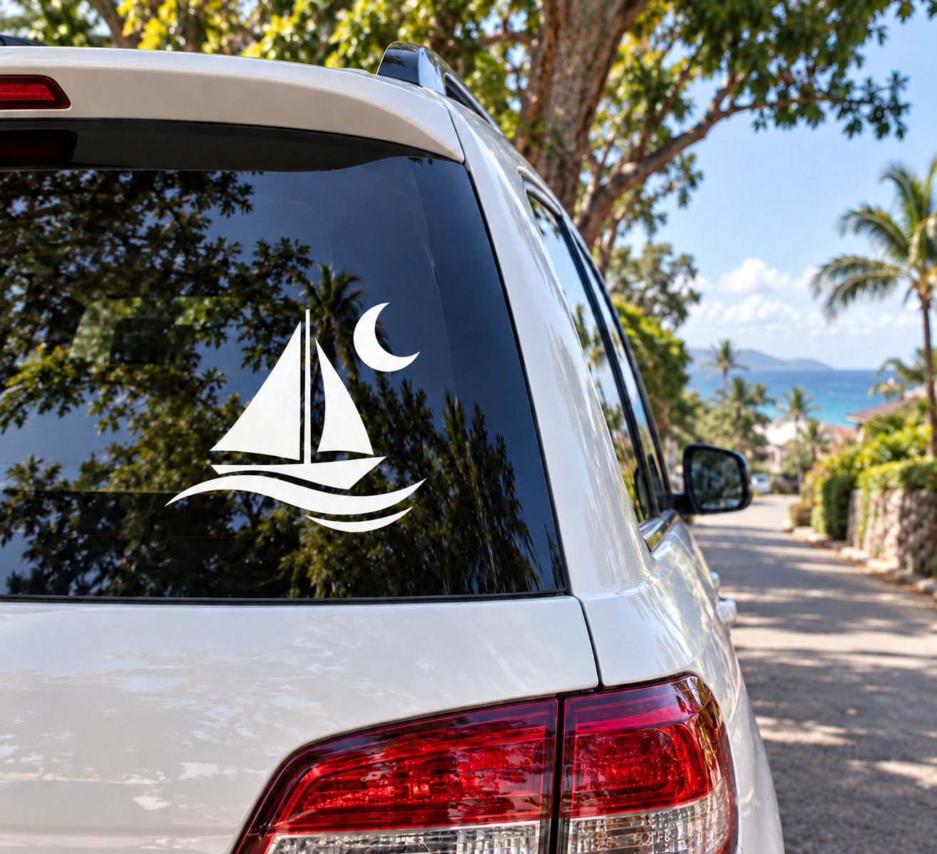 Glow-in-the-dark night sailing vinyl decal with sailboat, waves, and moon on car window