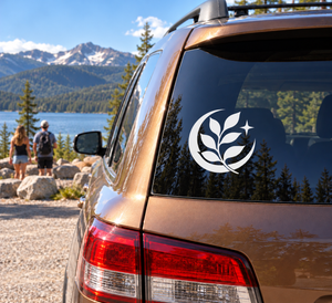 Glow-in-the-dark vinyl decal: moon with leaf sprig on car window