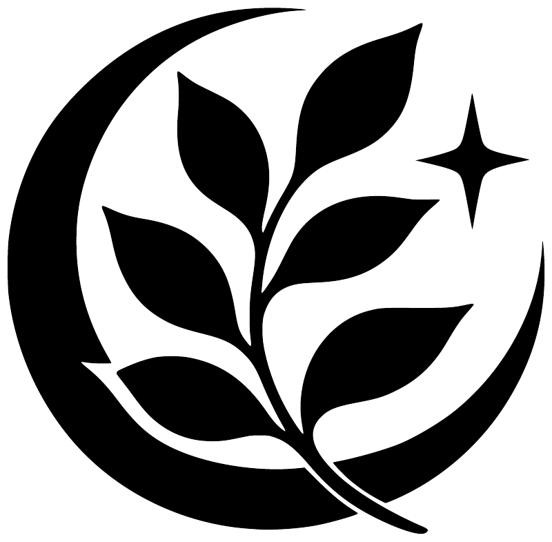 Moon and leaf-sprig glow vinyl decal, bold black design on white background