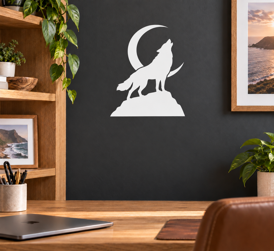 Wolf and moon vinyl wall decal, white silhouette on dark background