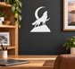 Wolf and moon vinyl wall decal, white silhouette on dark background