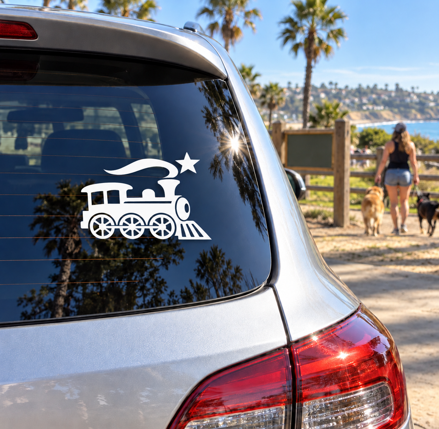White train and star vinyl decal on car window