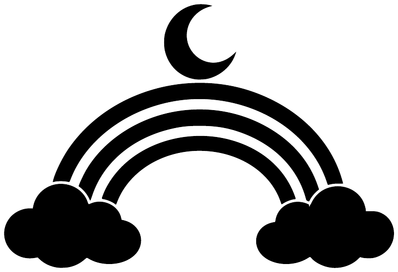 Glow-in-dark vinyl decal of moon above rainbow arcs with two black clouds