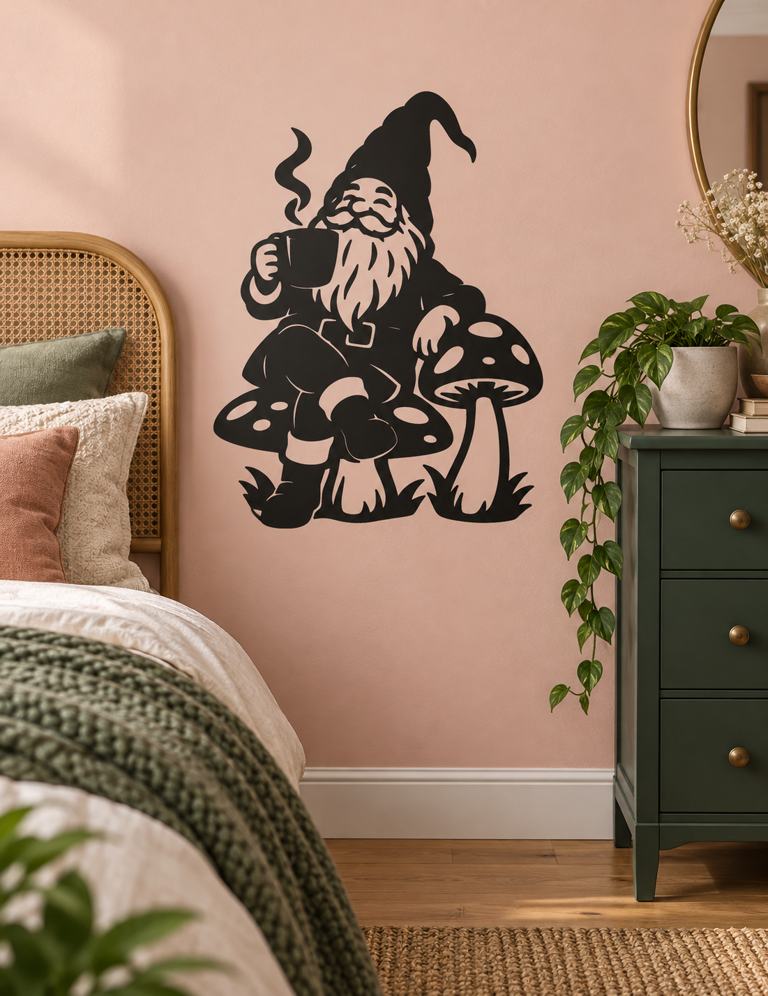 Black vinyl gnome decal with coffee mug and mushrooms, on wall