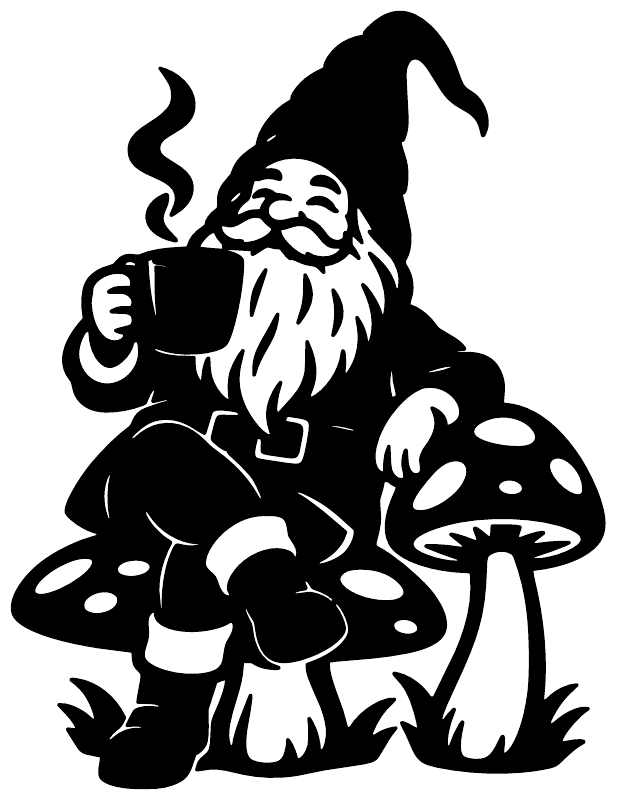 Vinyl gnome decal with coffee mug and mushroom design, black and white