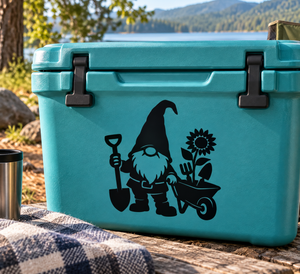 Garden tool keeper gnome vinyl decal on turquoise cooler, black silhouette with shovel