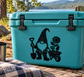 Garden tool keeper gnome vinyl decal on turquoise cooler, black silhouette with shovel