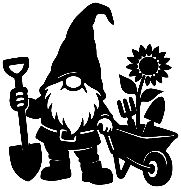 Black gnome garden vinyl decal with shovel, flower, and watering can silhouette