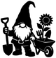 Black gnome garden vinyl decal with shovel, flower, and watering can silhouette