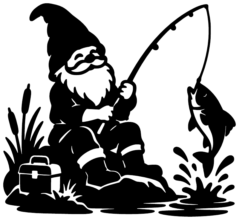 Black fishing gnome vinyl decal silhouette: gnome with fishing rod, fish, and grass