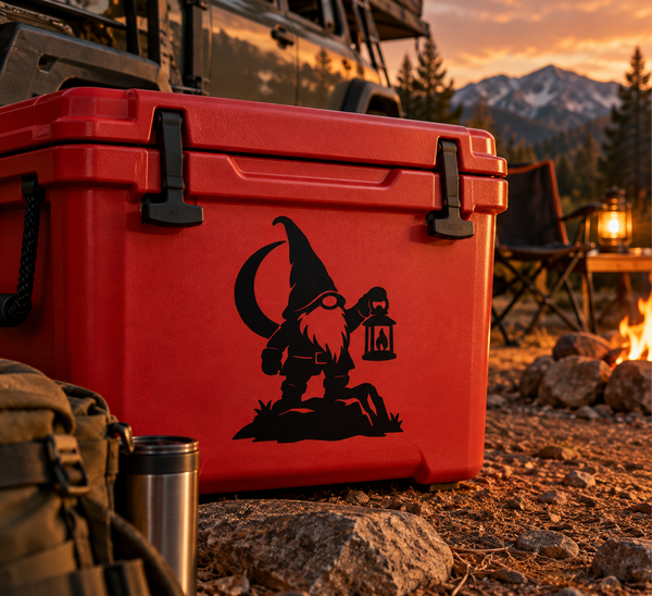 Black gnome lantern night-watch vinyl decal silhouette on a red surface