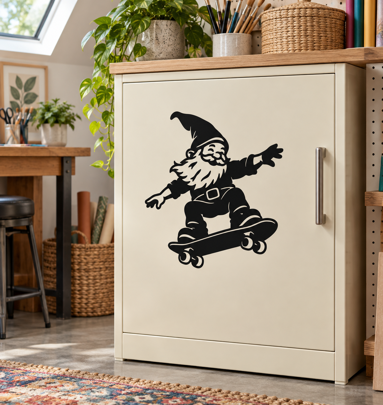 Skateboard gnome vinyl decal showing a black cartoon gnome riding a skateboard on a cabinet