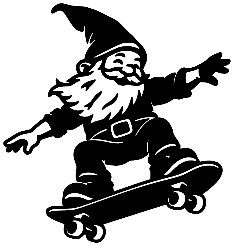 Skateboard gnome vinyl decal close-up: black cartoon gnome on skateboard with arms out