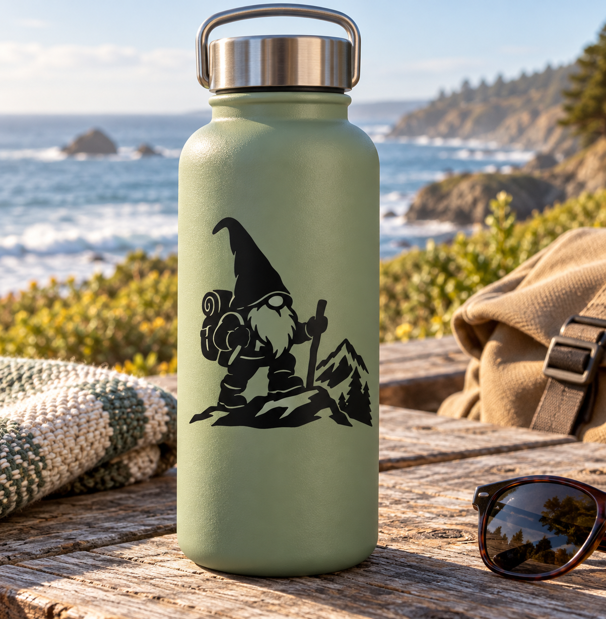 Green water bottle with black gnome backpacker vinyl decal and mountain outline