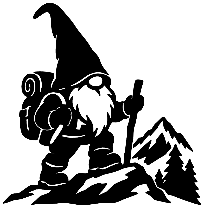 Black gnome backpacker vinyl decal silhouette with mountains and evergreen trees