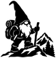 Black gnome backpacker vinyl decal silhouette with mountains and evergreen trees