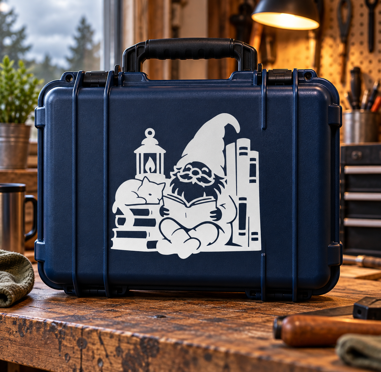 Blue vinyl gnome decal featuring a lantern, books, and reading gnome silhouette