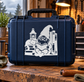 Blue vinyl gnome decal featuring a lantern, books, and reading gnome silhouette