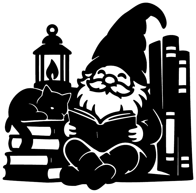 Black vinyl gnome decal reading a book among stacked books and a lantern
