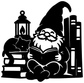 Black vinyl gnome decal reading a book among stacked books and a lantern