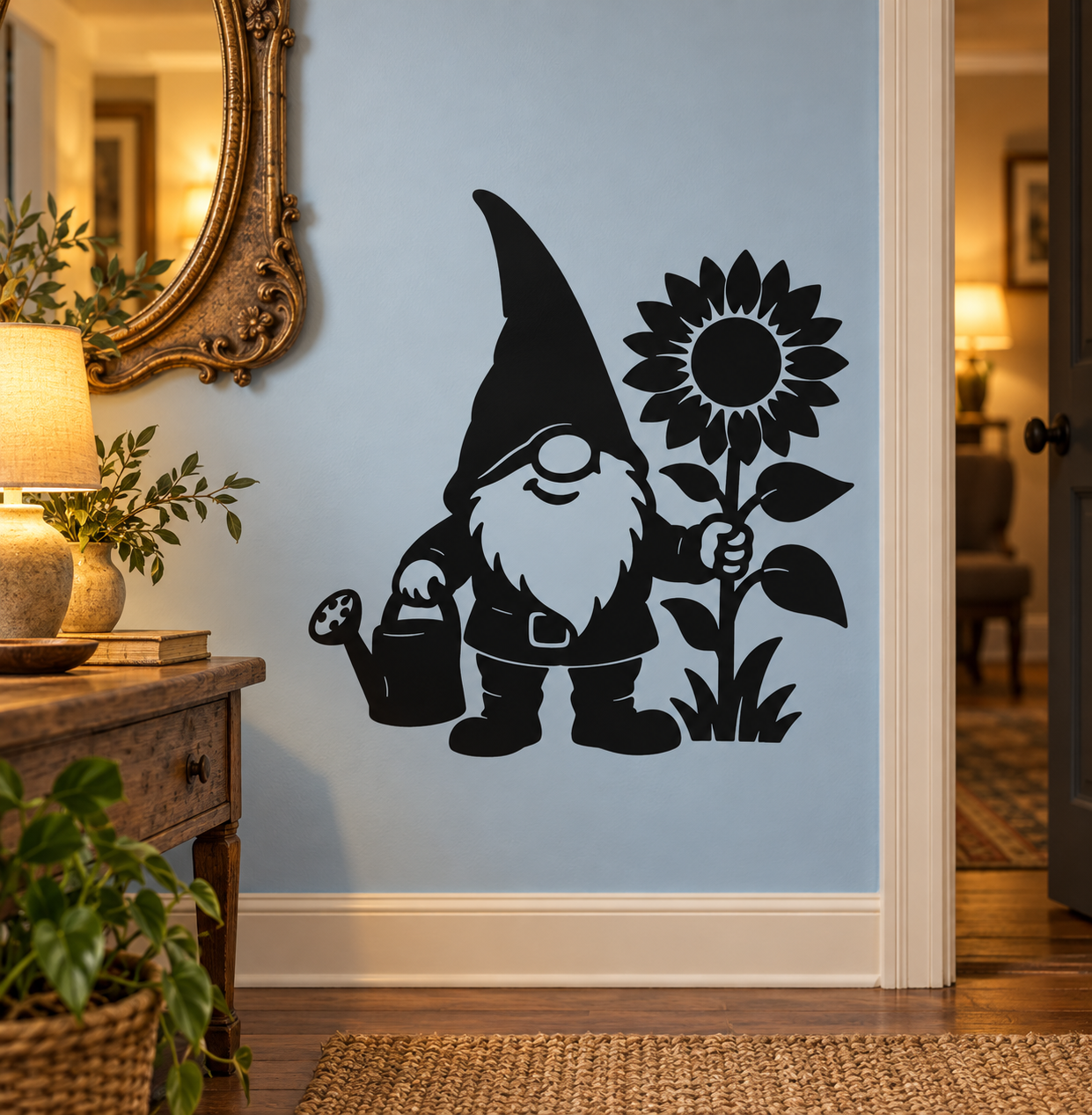 Black gnome gardener vinyl decal holding a watering can beside a sunflower