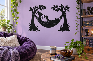 Gnome hammock vinyl decal with sleepy gnome under two leafy trees