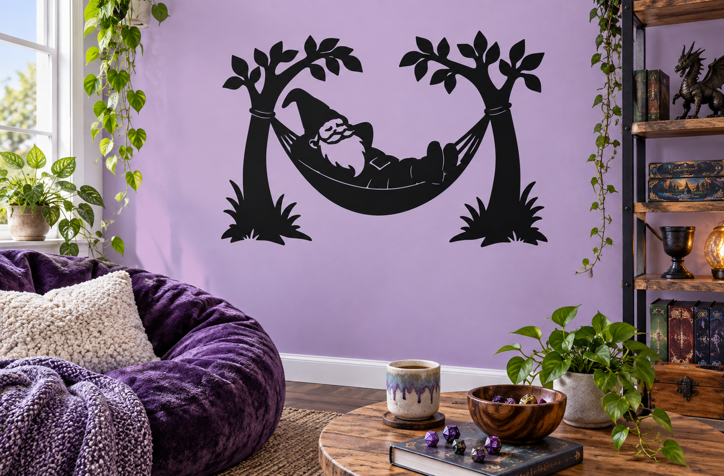 Gnome hammock vinyl decal with sleepy gnome under two leafy trees