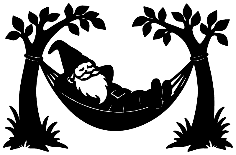 Black gnome hammock vinyl decal with sleepy figure in a hanging hammock
