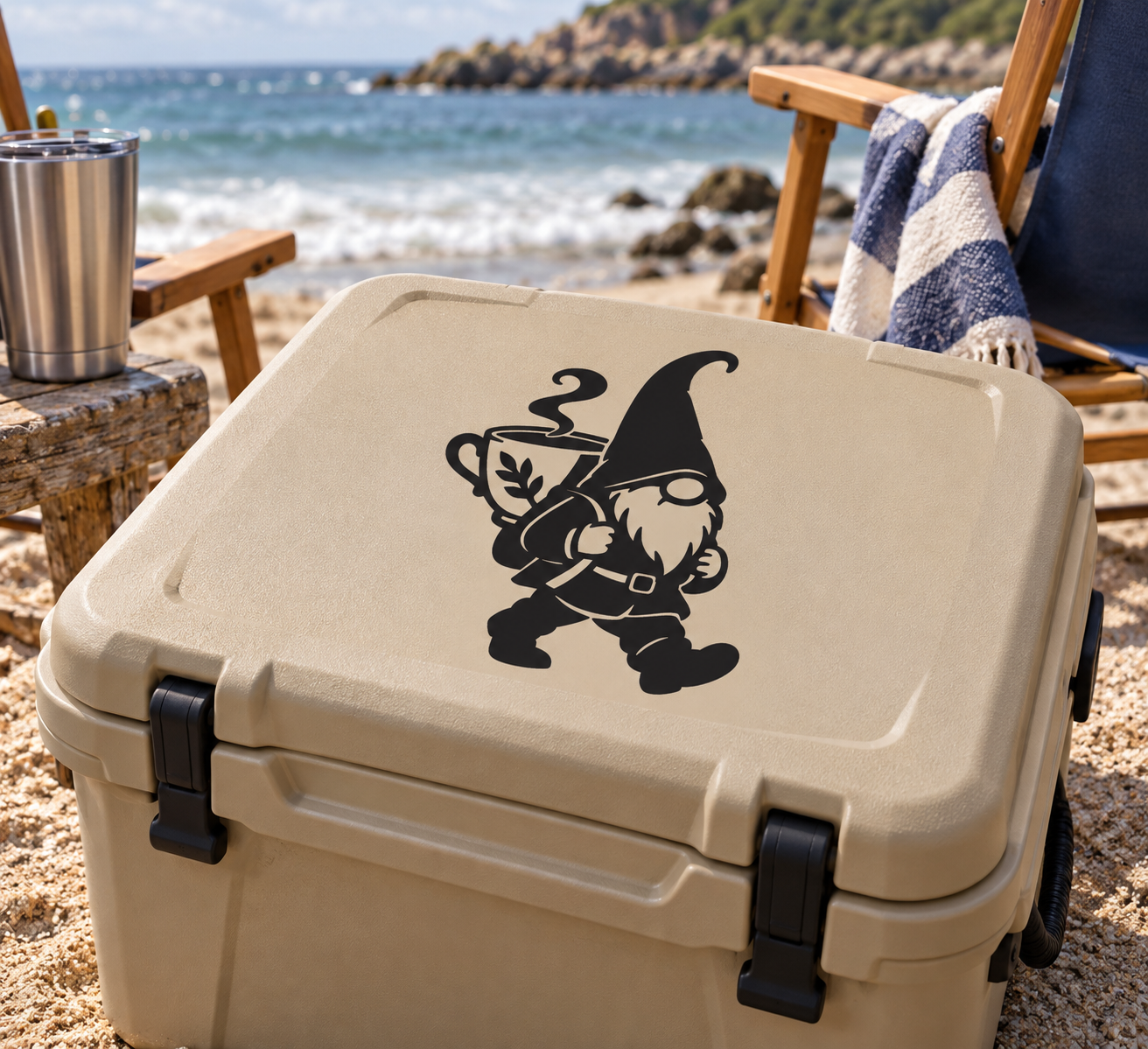 Vinyl decal of a smiling gnome holding a mug, on a tan cooler lid
