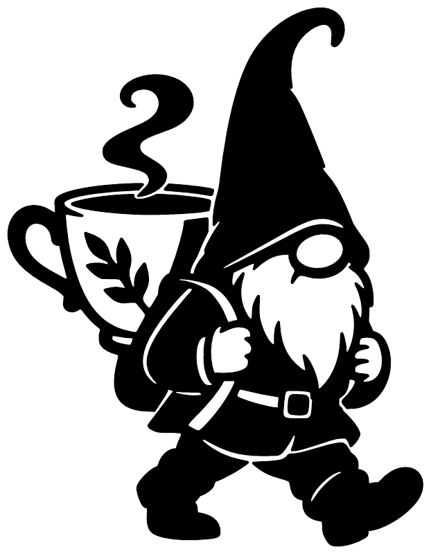 Black gnome vinyl decal holding a steaming mug, isolated on white