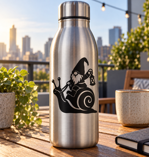 Black vinyl gnome rider decal on bottle: wizard with lantern and curled tail