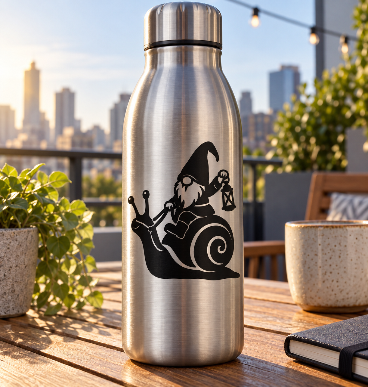 Black vinyl gnome rider decal on bottle: wizard with lantern and curled tail